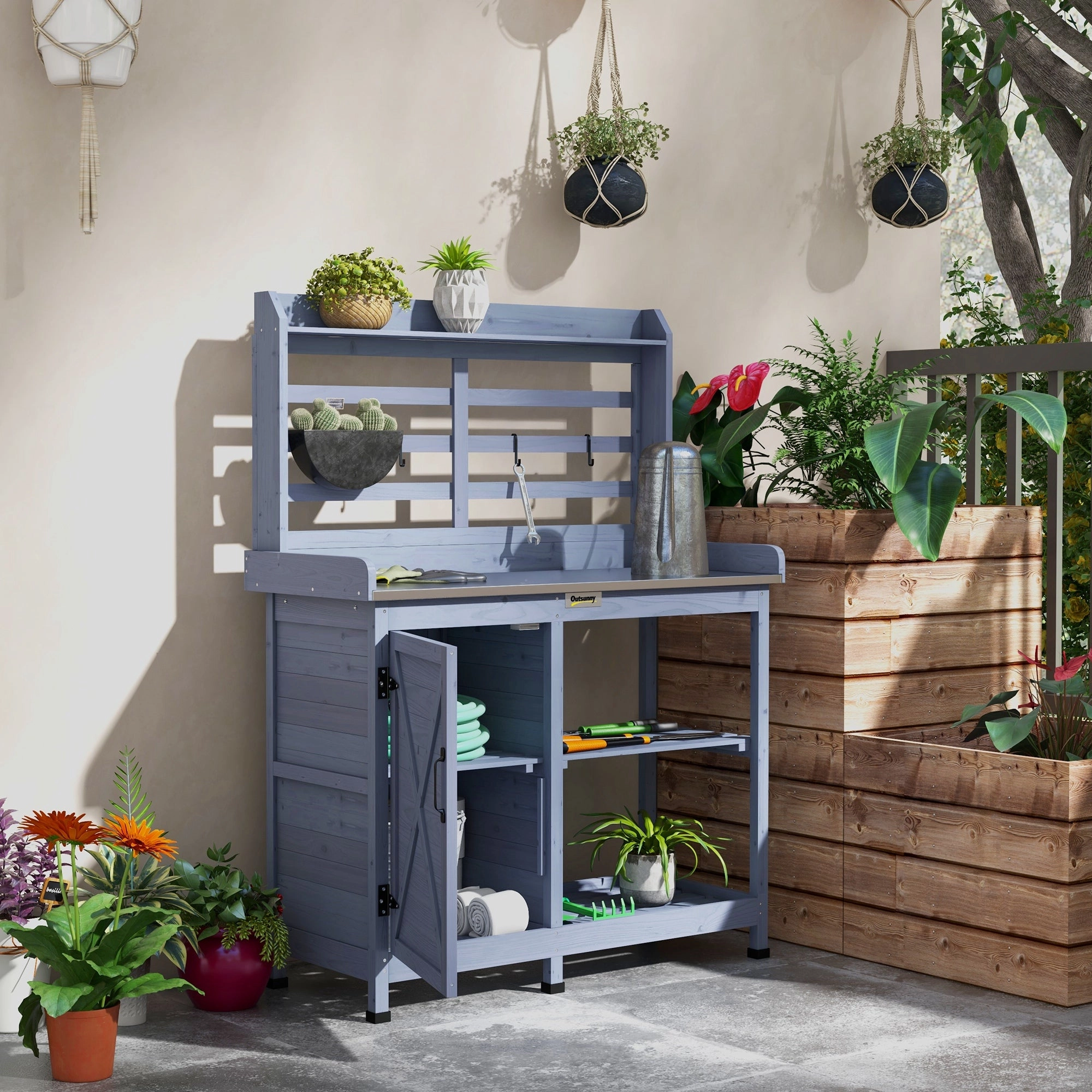 Wooden Potting Bench with Storage Cabinet & Shelves, for Backyard, Garden, Gray