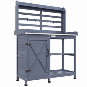 Wooden Potting Bench with Storage Cabinet & Shelves, for Backyard, Garden, Gray