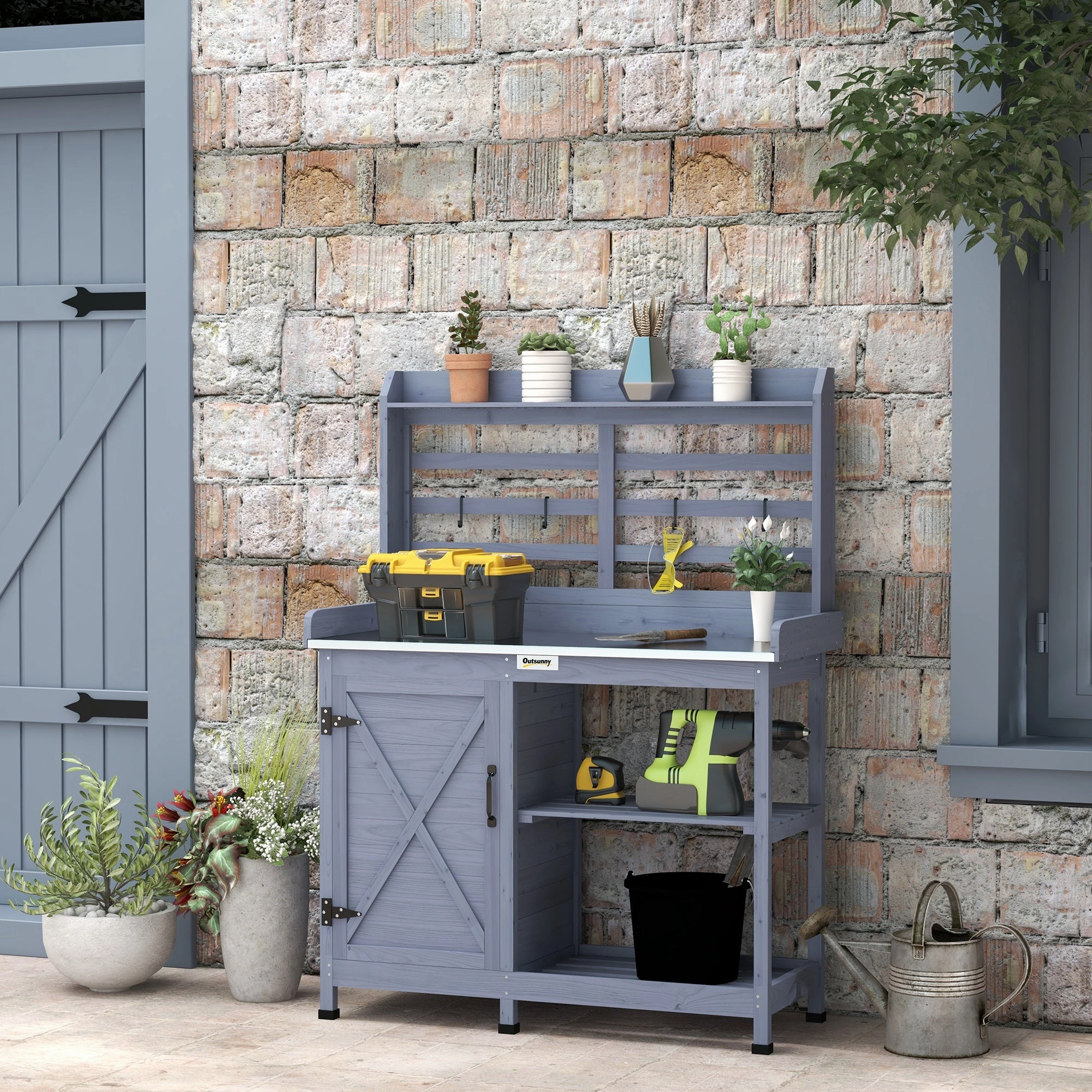 Wooden Potting Bench with Storage Cabinet & Shelves, for Backyard, Garden, Gray