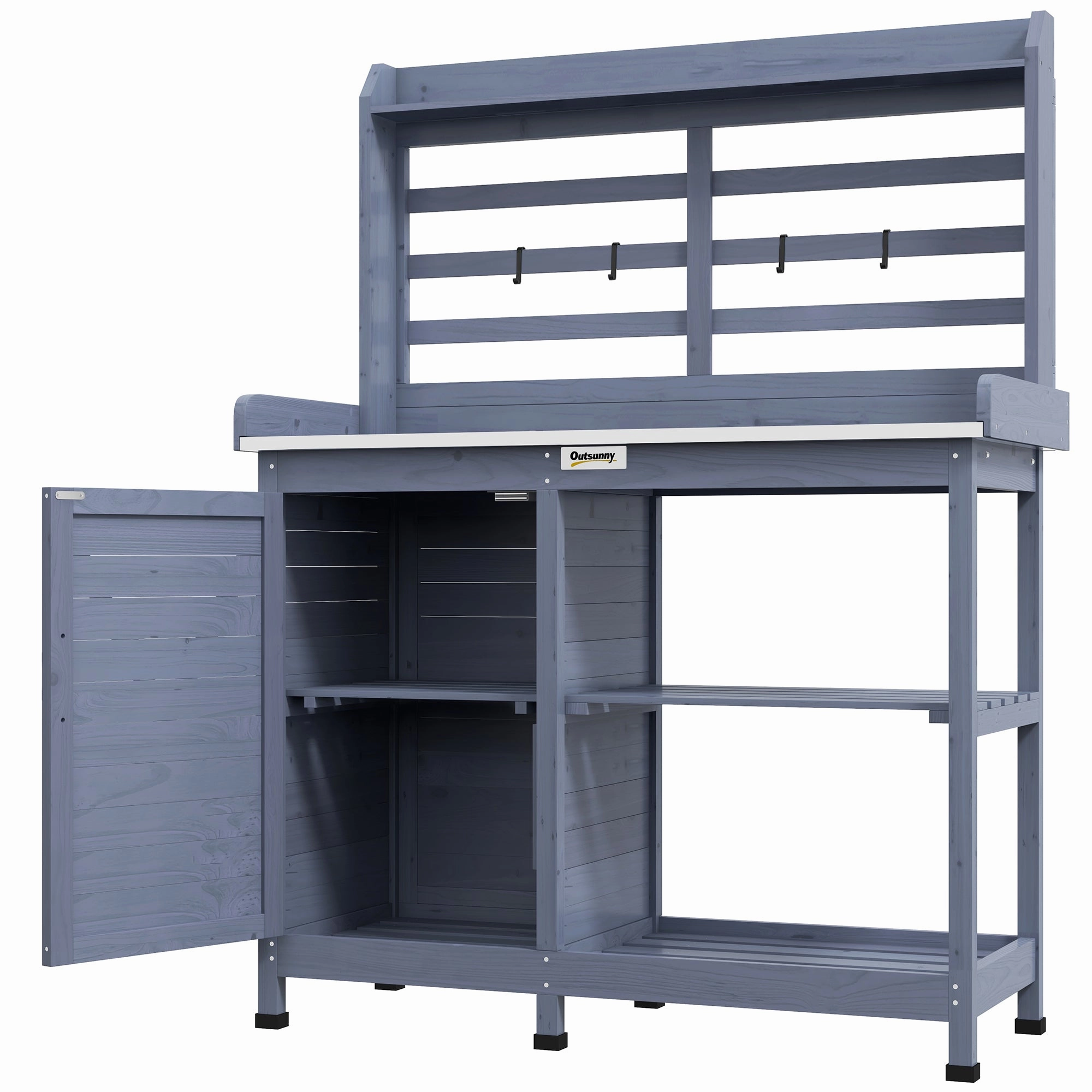Wooden Potting Bench with Storage Cabinet & Shelves, for Backyard, Garden, Gray