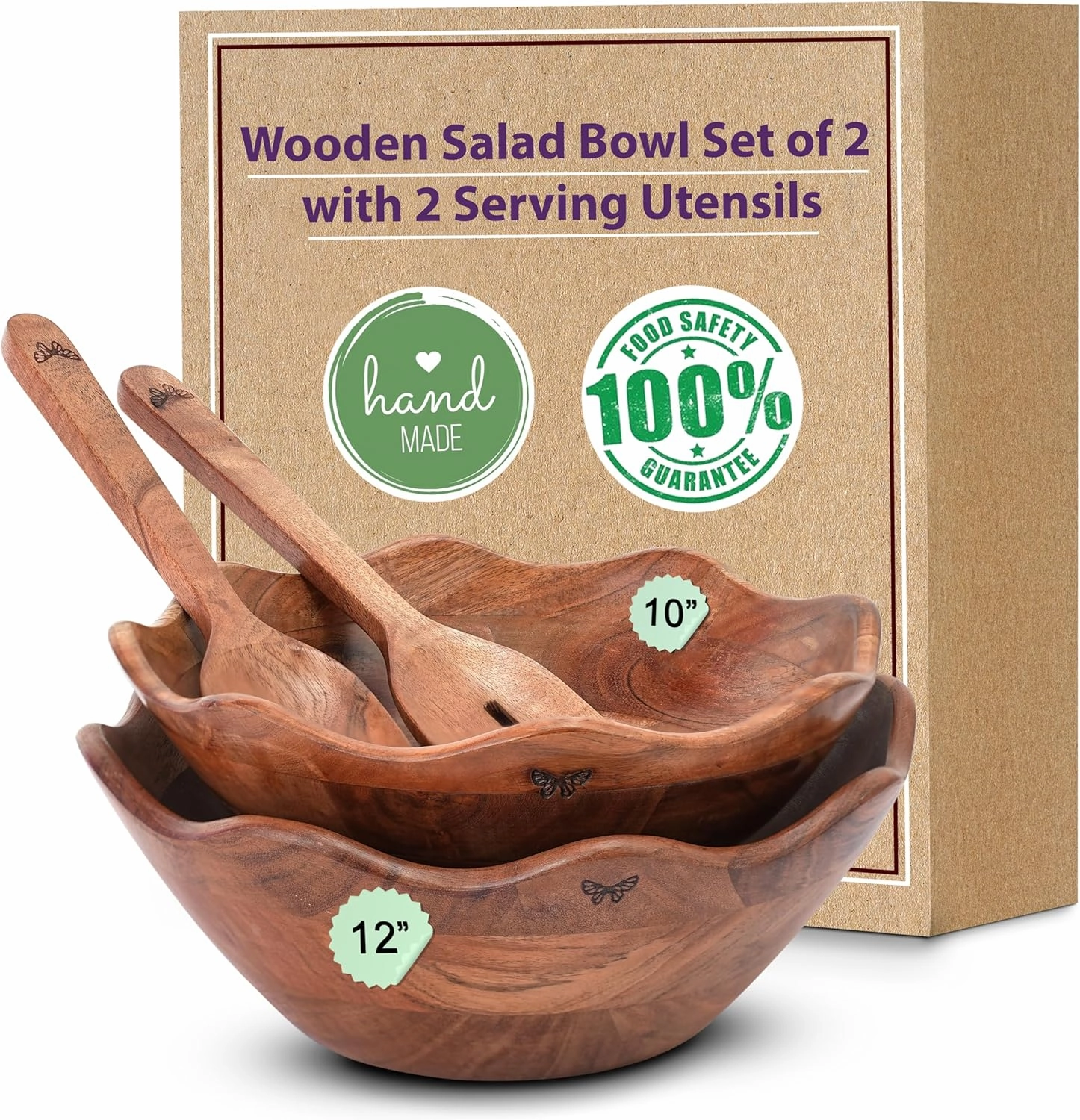 Wooden Salad Bowls Set of 2 with 2 Serving Utensils | 10" & 12 inch Extra Large Natural Acacia Wood Mixing Bowls | Beautiful Gift for Fathers