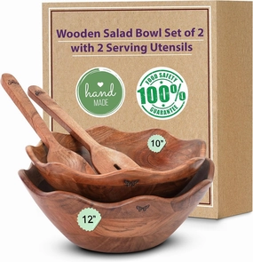 Wooden Salad Bowls Set of 2 with 2 Serving Utensils | 10" & 12 inch Extra Large Natural Acacia Wood Mixing Bowls | Beautiful Gift for Fathers