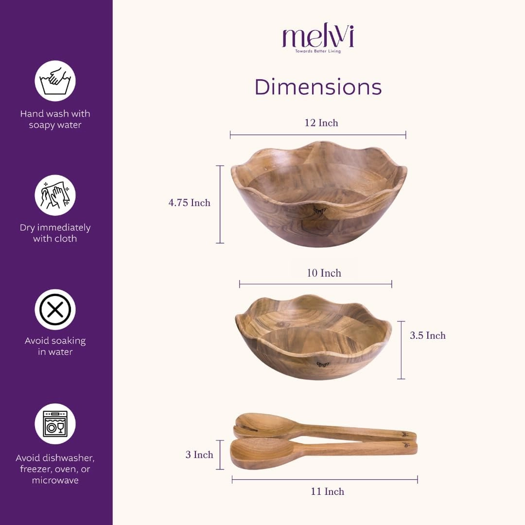 Wooden Salad Bowls Set of 2 with 2 Serving Utensils | 10" & 12 inch Extra Large Natural Acacia Wood Mixing Bowls | Beautiful Gift for Fathers