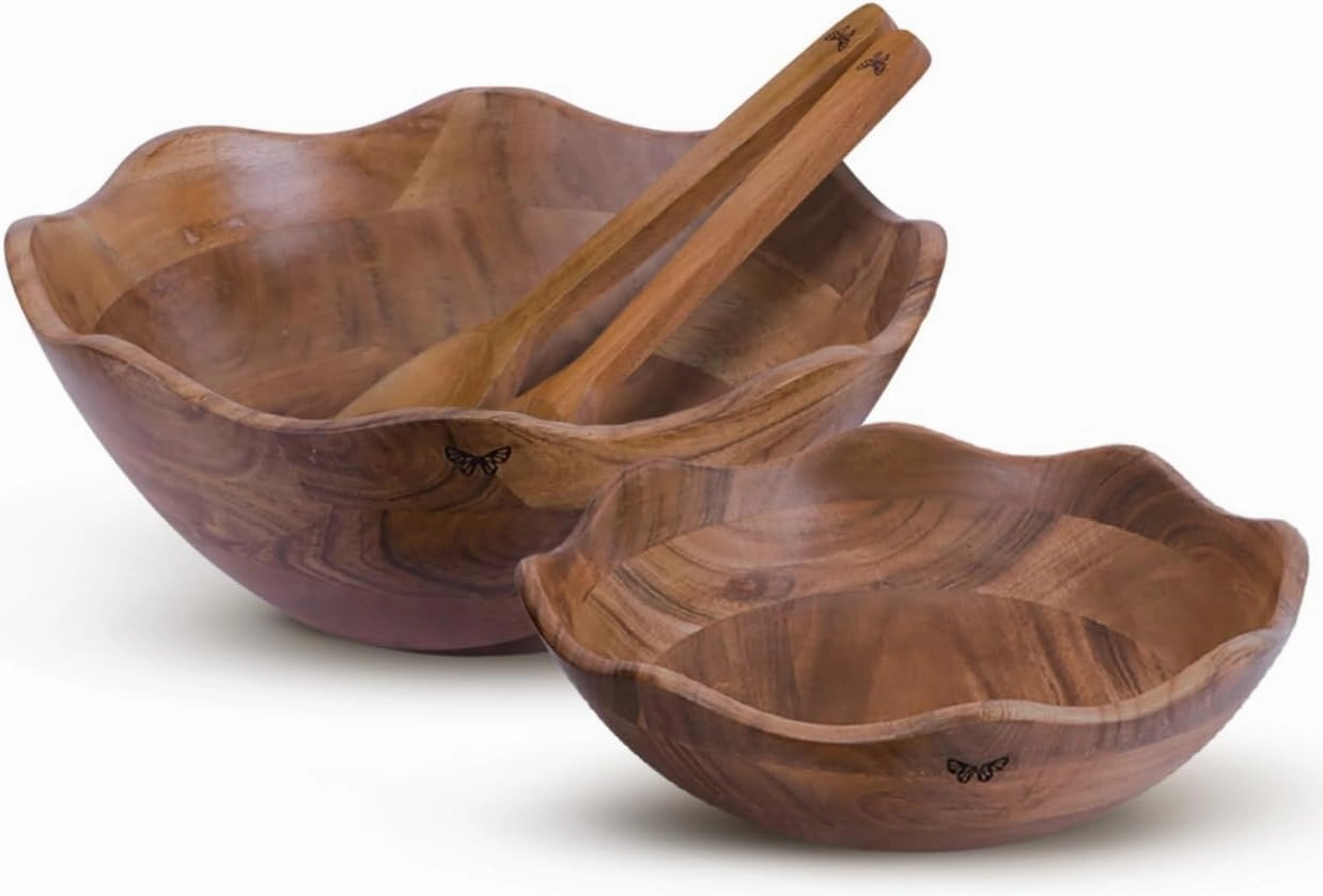 Wooden Salad Bowls Set of 2 with 2 Serving Utensils | 10" & 12 inch Extra Large Natural Acacia Wood Mixing Bowls | Beautiful Gift for Fathers