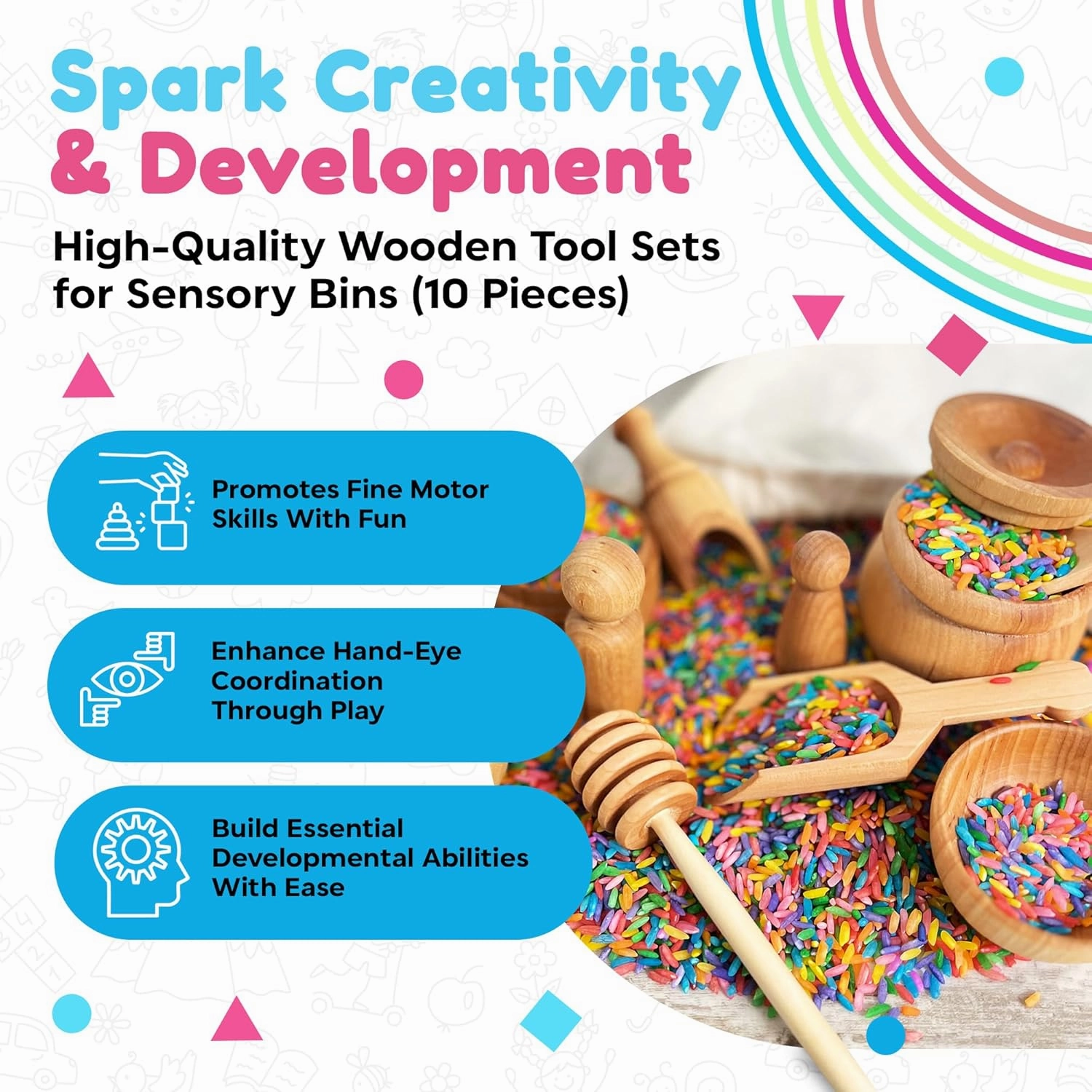 Wooden Tool Set for Sensory Bin (10 Piece), Child-Sized Montessori Sensory Toys for Developing Fine Motor Skills, Smooth Wooden Toys, Bin Scoops and Tools