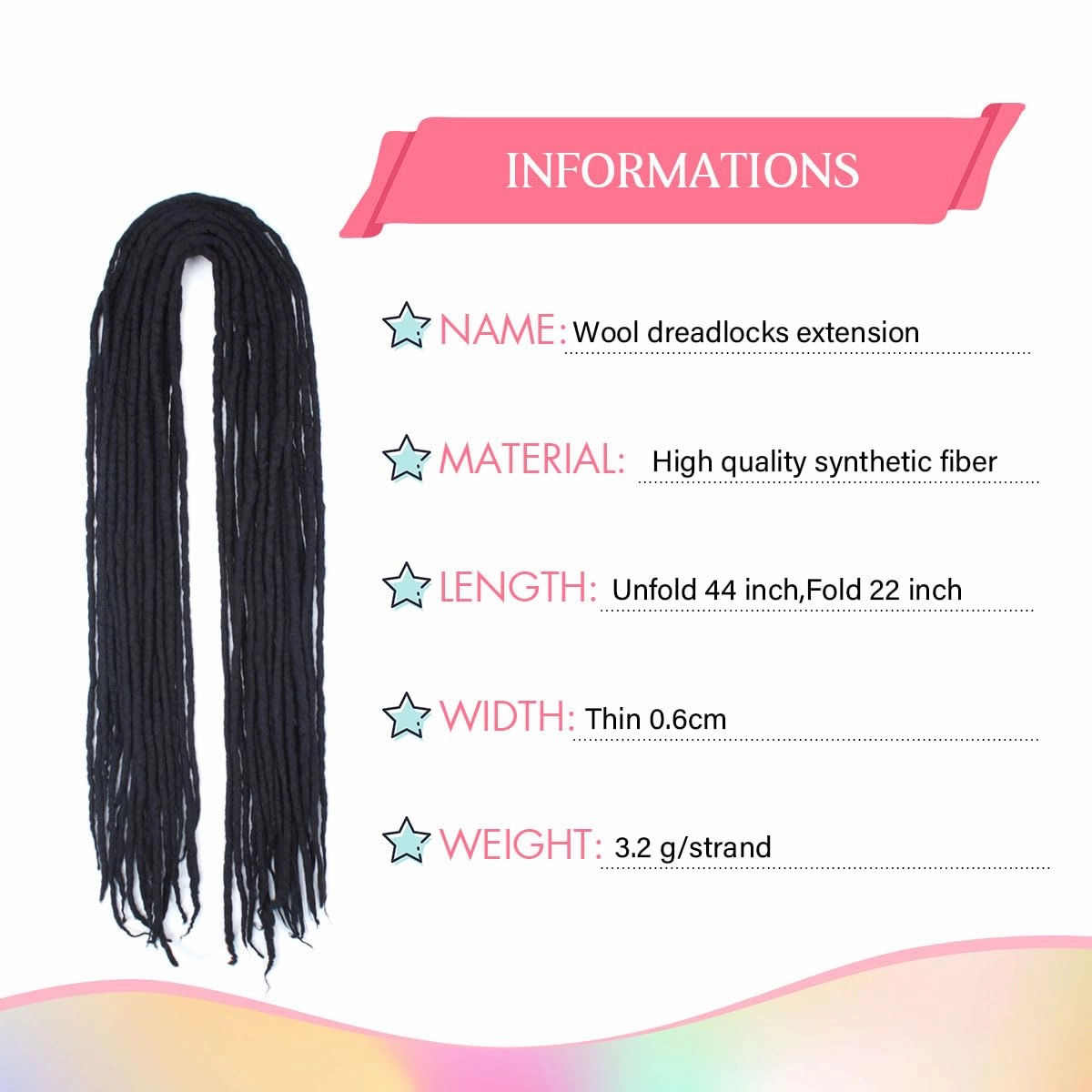 Wool Dreadlock Extensions Black，22"DE Wool (20strands) Wool Dreadlock Extensions Double Ended Synthetic Dreads for Women & Men - Handmade Hippie Dreadlock Reggae Style