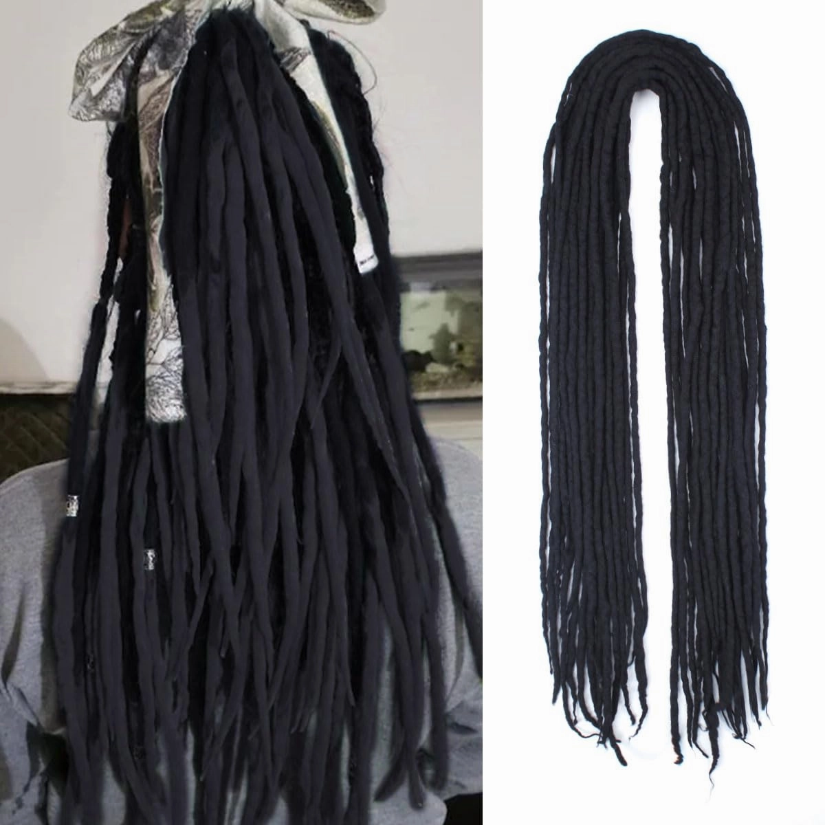 Wool Dreadlock Extensions Black，22"DE Wool (20strands) Wool Dreadlock Extensions Double Ended Synthetic Dreads for Women & Men - Handmade Hippie Dreadlock Reggae Style