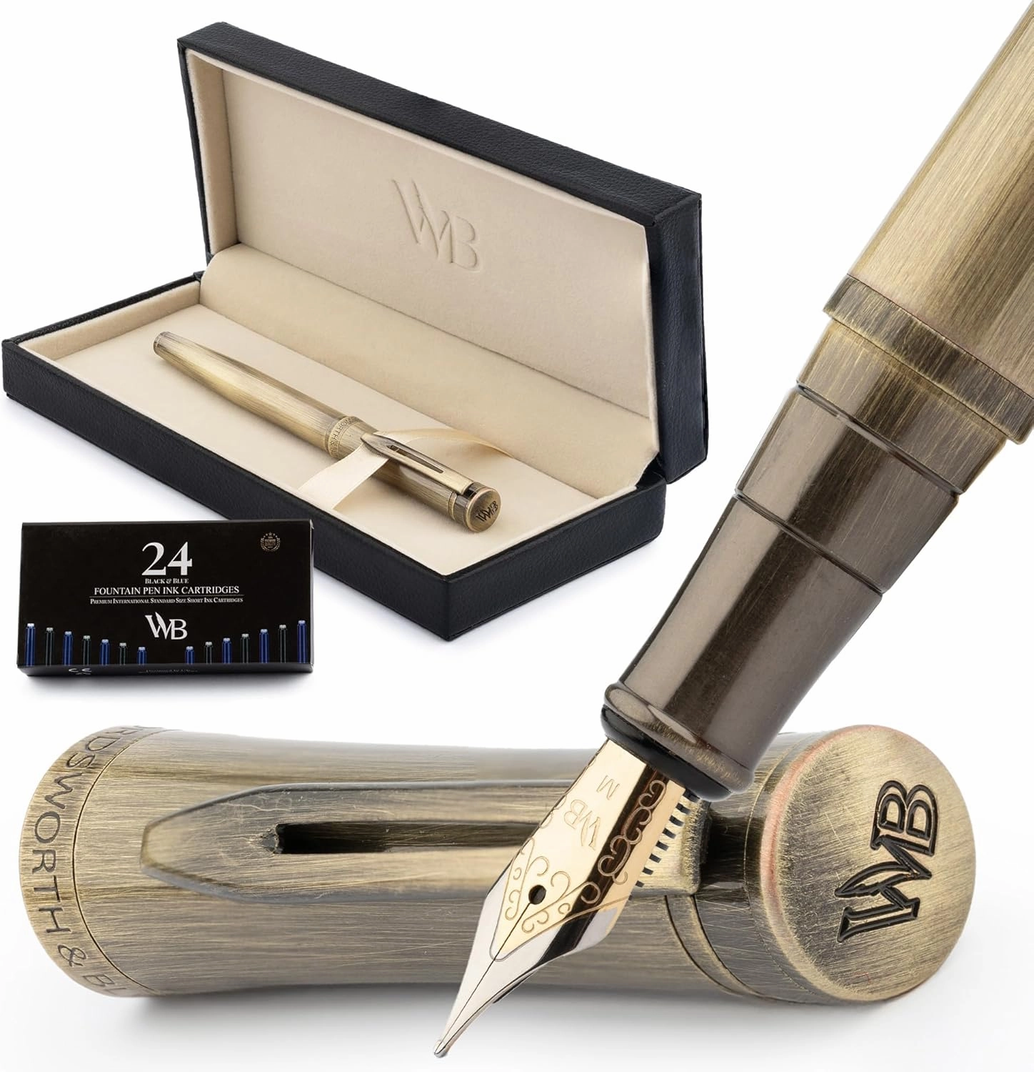 Wordsworth & Black Luxury Fountain Pen - Stunning Brushed Bronze Pen, 18K Gilded Nib (Medium), Ink Converter, Best Pen Gift Set for Men & Women, Professional, Executive, Office, Nice Pens