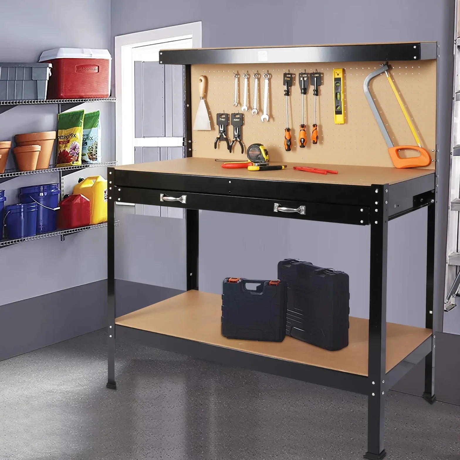 Work Benches for Garage Shop Work Station Tools Table with Peg Board and Drawers
