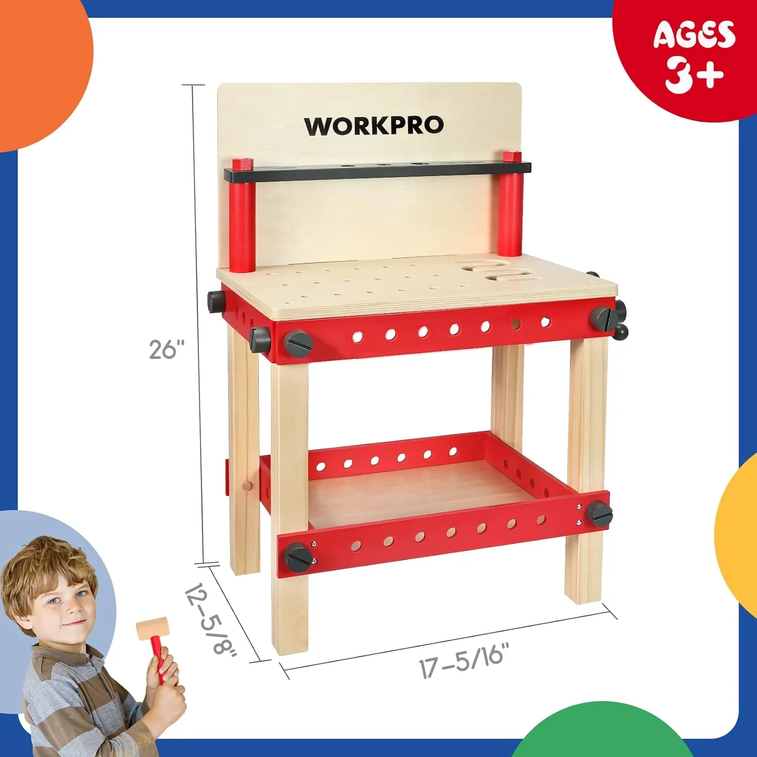 WORKPRO Wooden Workbench Kit Kids Tool Bench, Building Toy Set Creative&Educational Construction Toy, Great Gift for Toddlers 3 