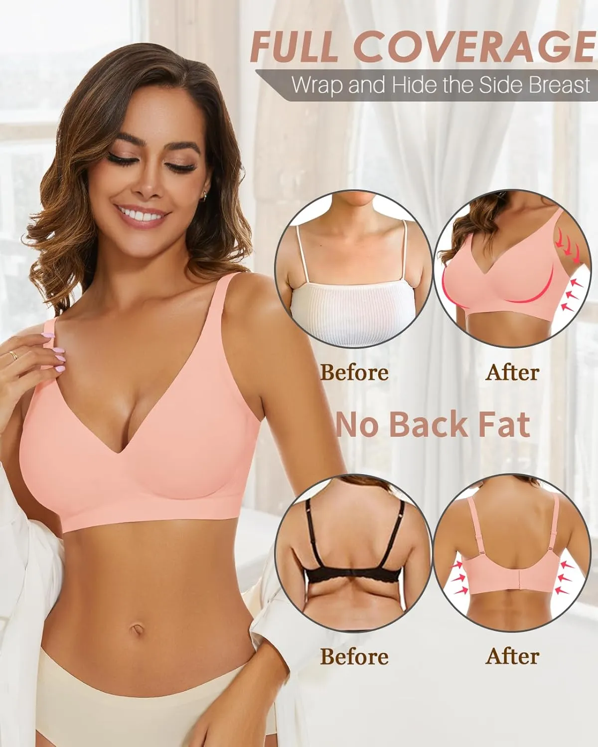 WOWENY Deep V Bras for Women No Underwire Smooth Wireless Bralettes Comfort Seamless Plunge Bra with Support
