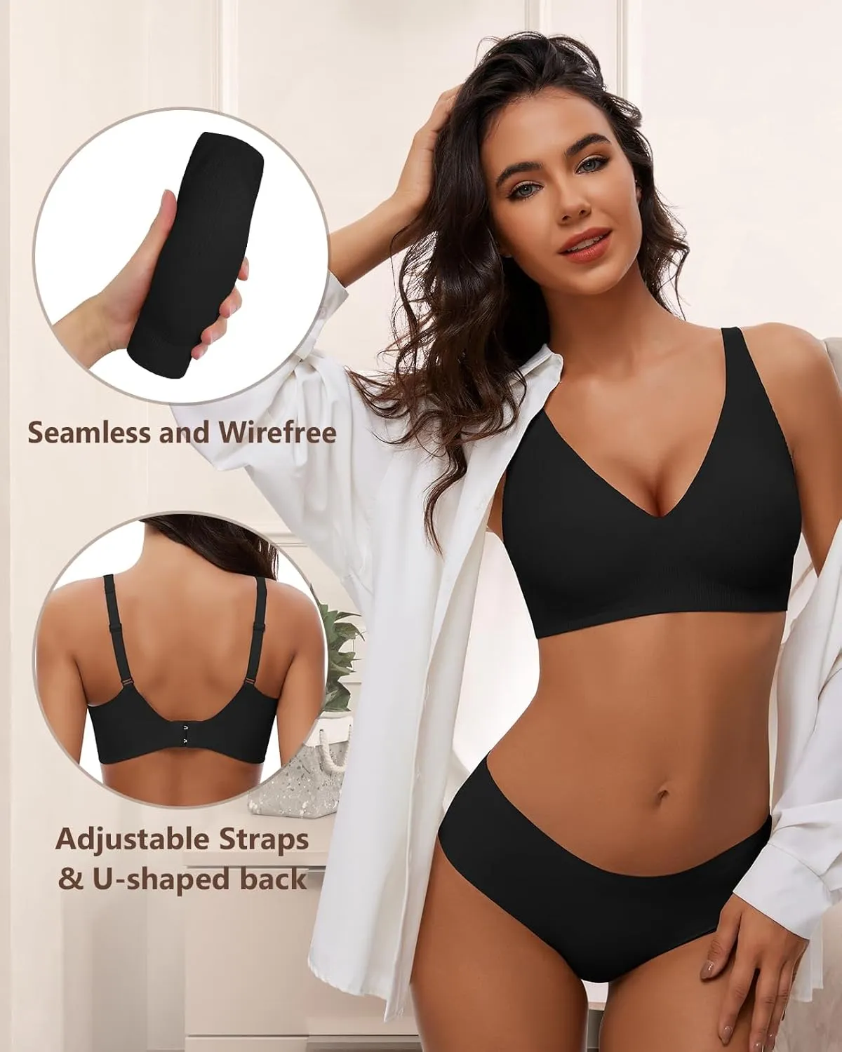 WOWENY Deep V Bras for Women No Underwire Smooth Wireless Bralettes Comfort Seamless Plunge Bra with Support