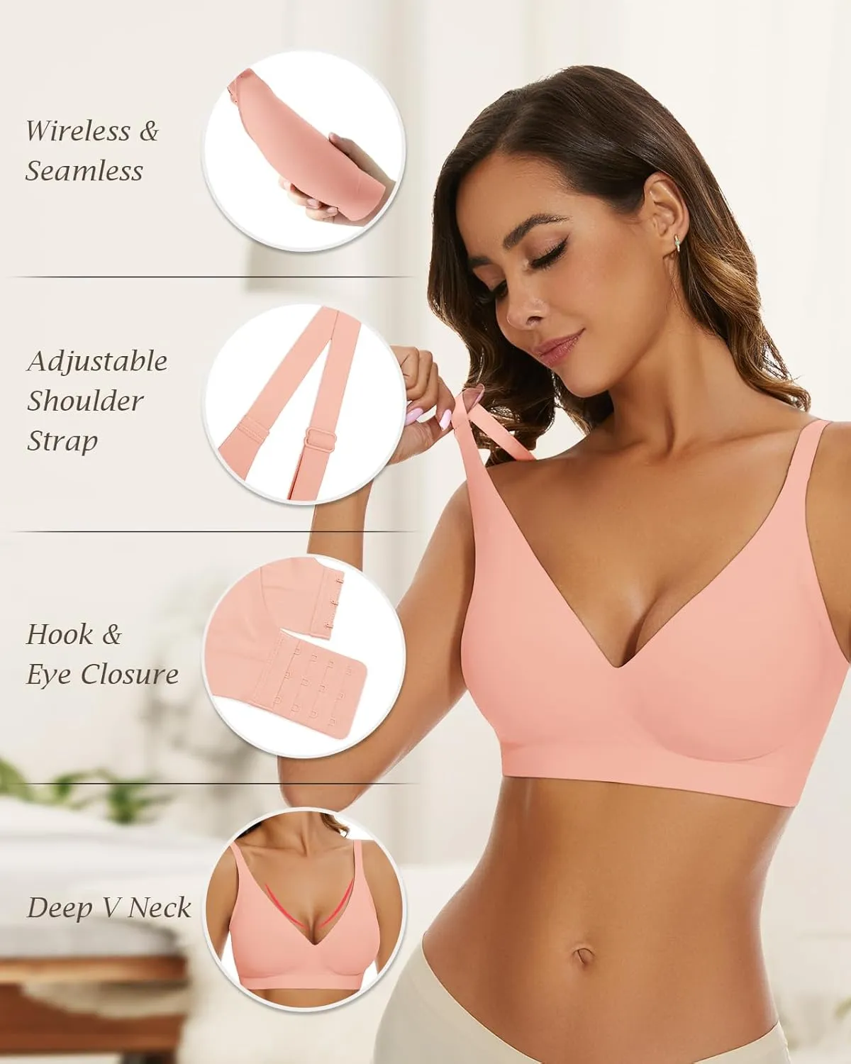 WOWENY Deep V Bras for Women No Underwire Smooth Wireless Bralettes Comfort Seamless Plunge Bra with Support