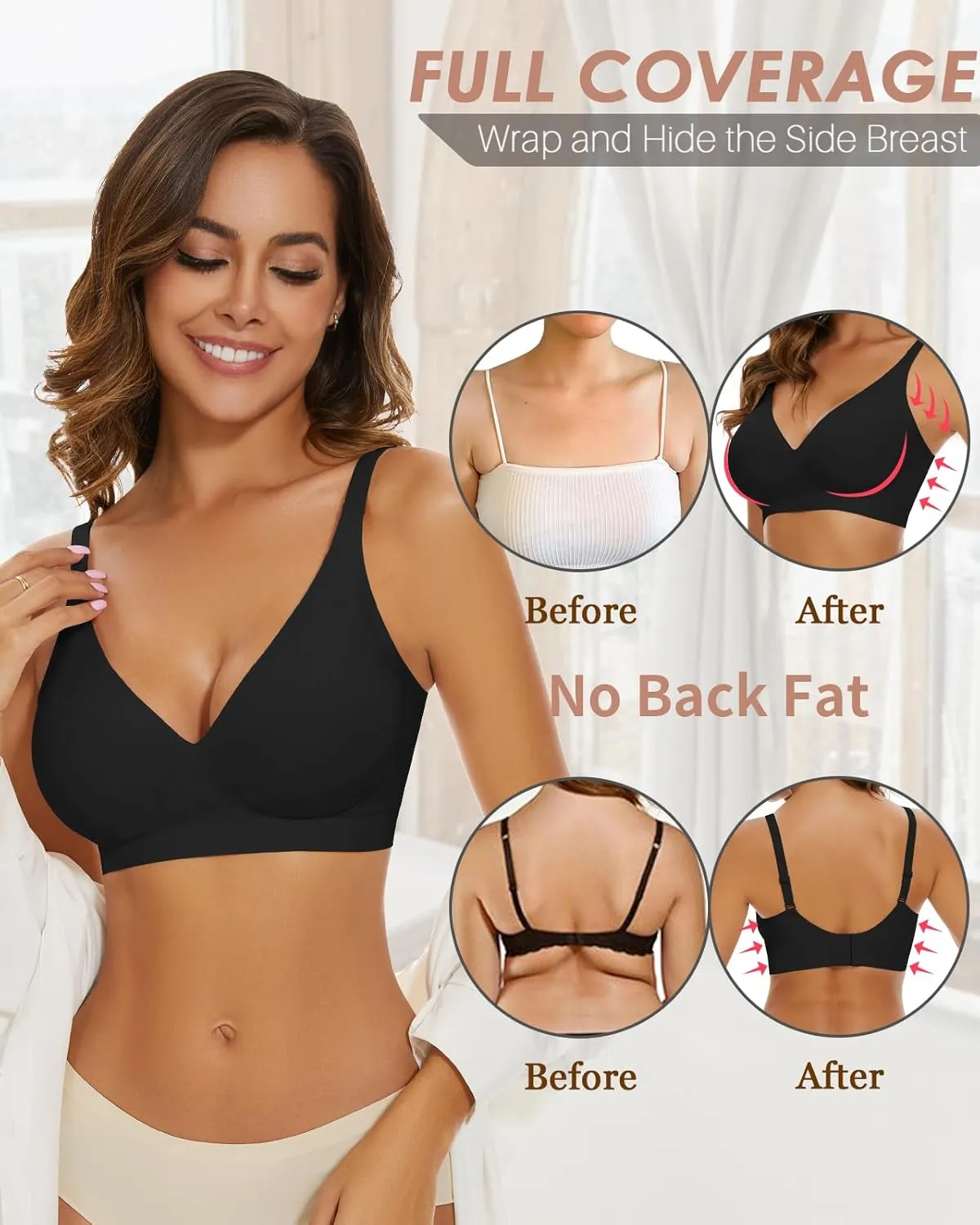 WOWENY Deep V Bras for Women No Underwire Smooth Wireless Bralettes Comfort Seamless Plunge Bra with Support