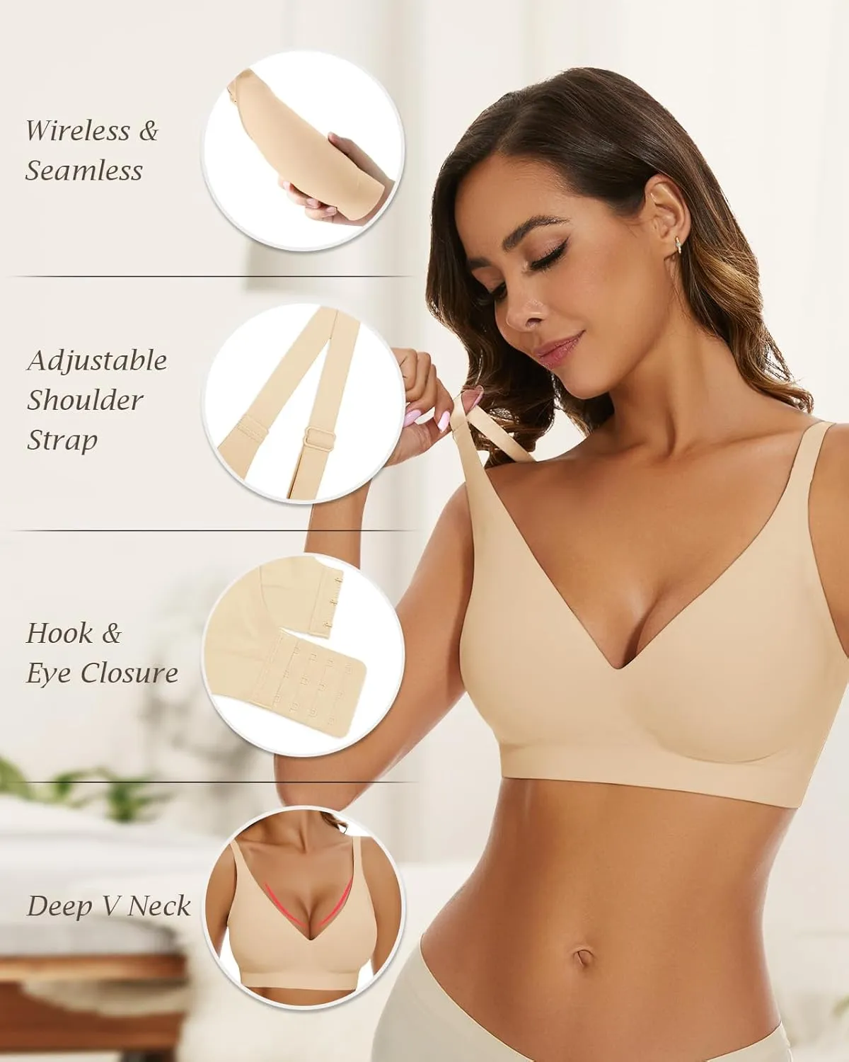 WOWENY Deep V Bras for Women No Underwire Smooth Wireless Bralettes Comfort Seamless Plunge Bra with Support