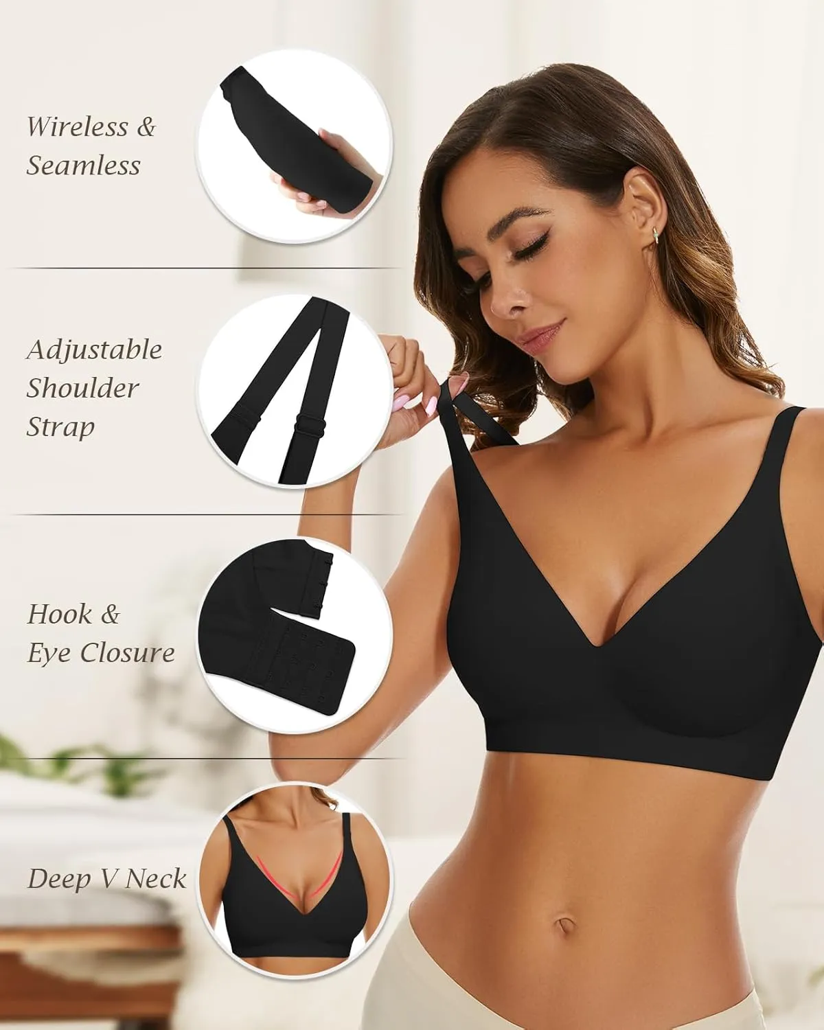WOWENY Deep V Bras for Women No Underwire Smooth Wireless Bralettes Comfort Seamless Plunge Bra with Support