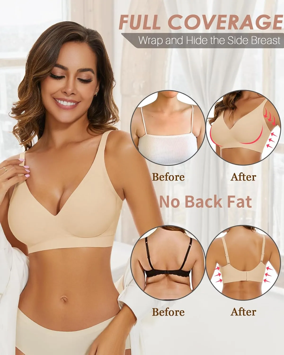 WOWENY Deep V Bras for Women No Underwire Smooth Wireless Bralettes Comfort Seamless Plunge Bra with Support