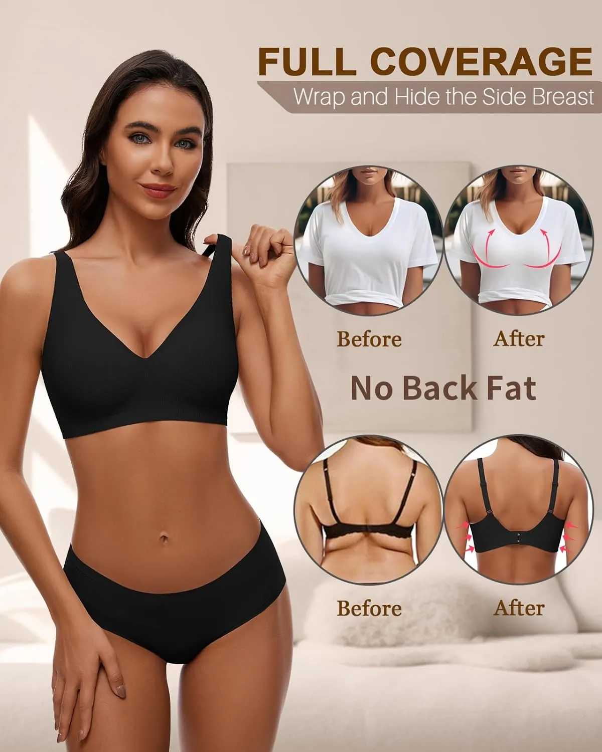WOWENY Deep V Bras for Women No Underwire Smooth Wireless Bralettes Comfort Seamless Plunge Bra with Support