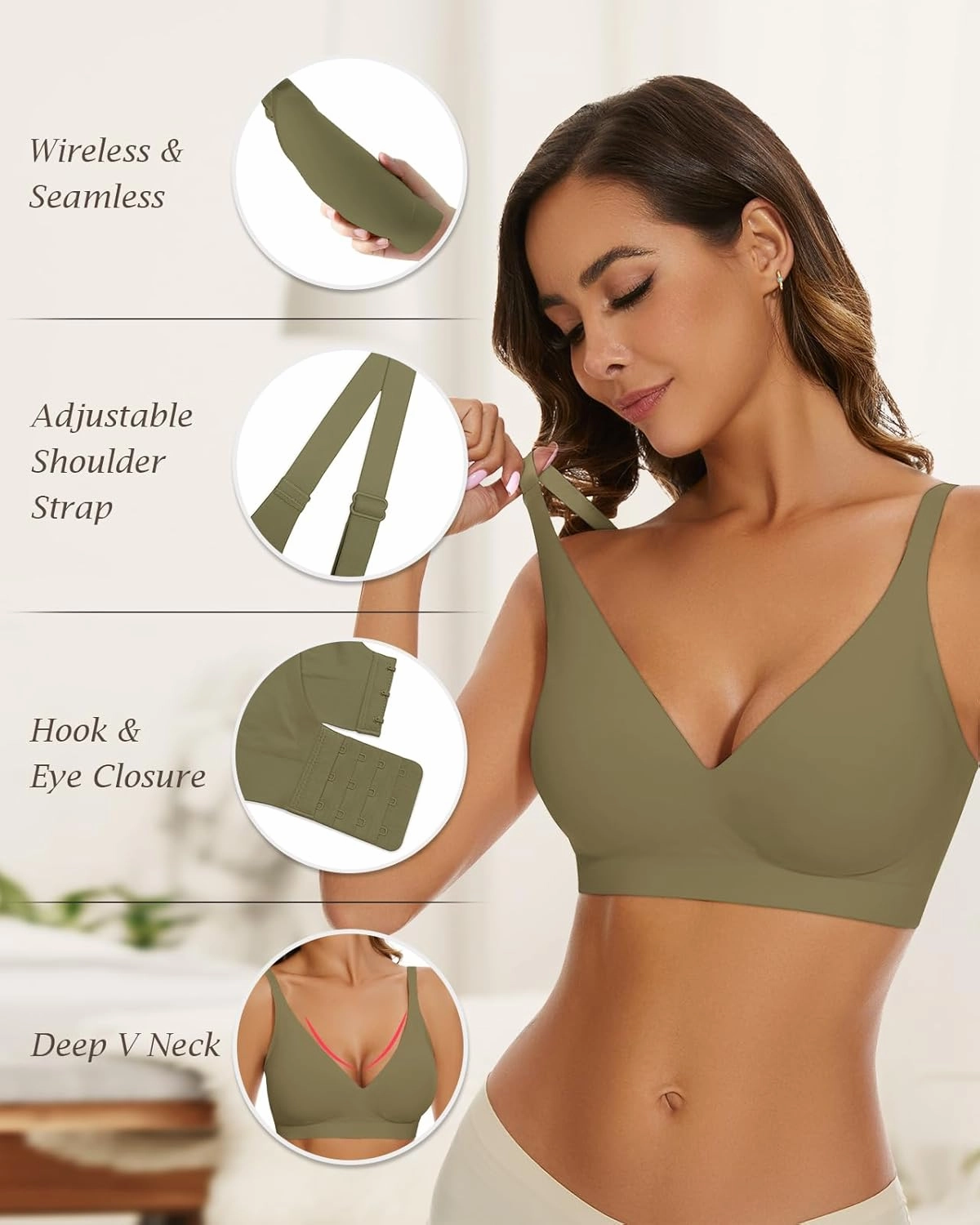 WOWENY Deep V Bras for Women No Underwire Smooth Wireless Bralettes Comfort Seamless Plunge Bra with Support