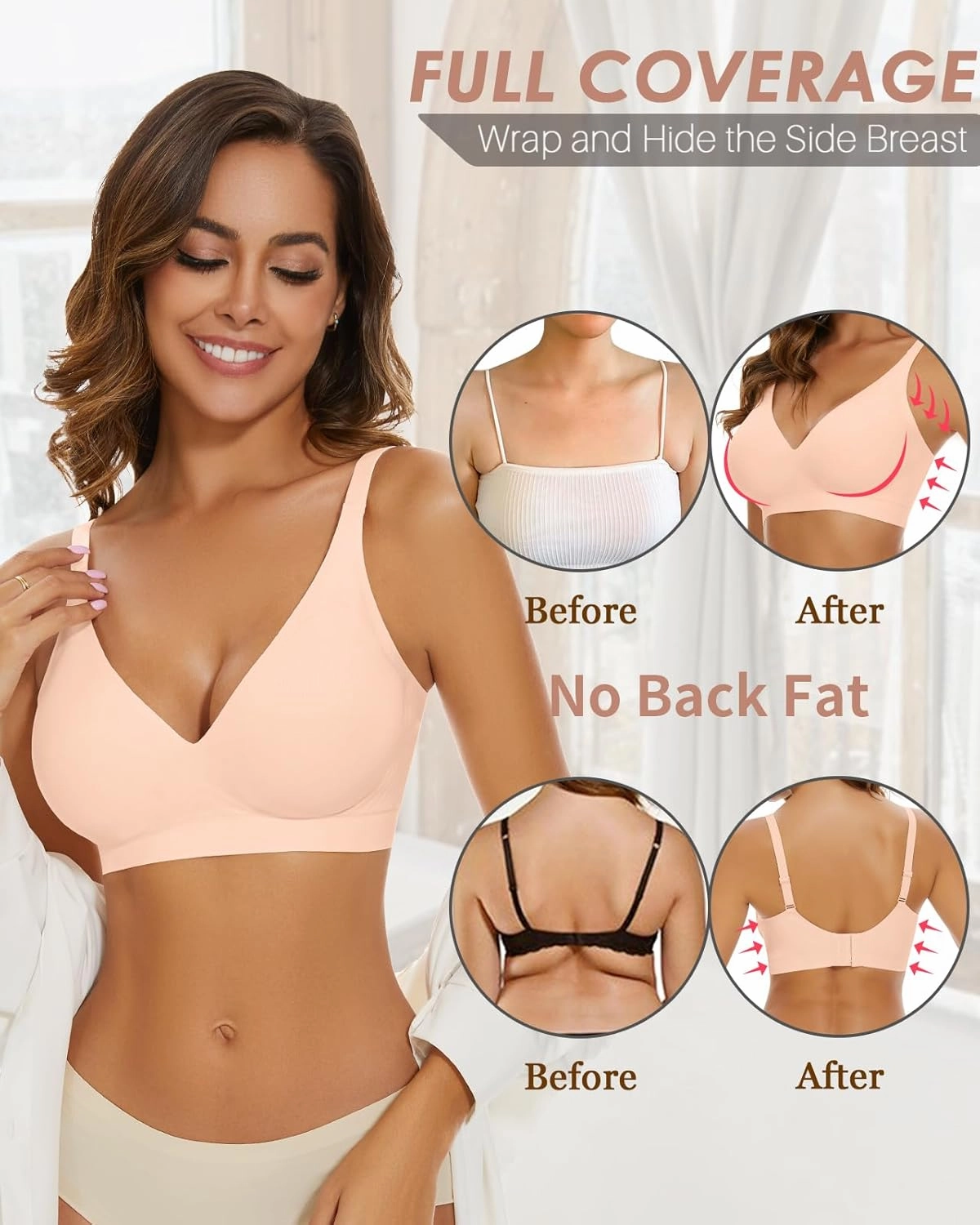 WOWENY Deep V Bras for Women No Underwire Smooth Wireless Bralettes Comfort Seamless Plunge Bra with Support