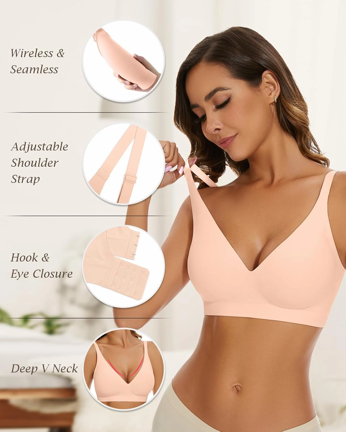 WOWENY Deep V Bras for Women No Underwire Smooth Wireless Bralettes Comfort Seamless Plunge Bra with Support