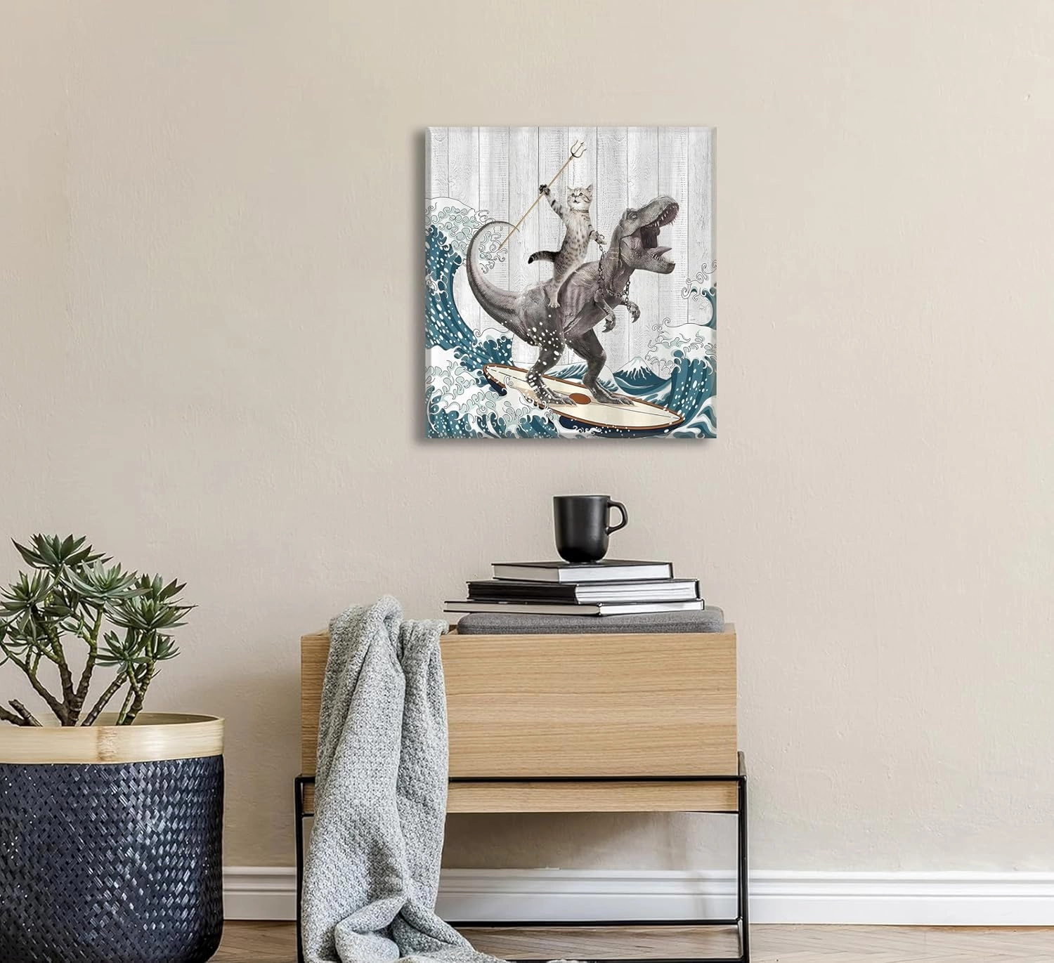 WWN Funny Cat Riding Dinosaur Bathroom Wall art Funny T-Rex Surfing Painting Picture Wall Decor Japanese Ocean Waves Poster Print Artwork for Kids Bathroom Toilet Restroom (Framed, 20W'' x20L'')