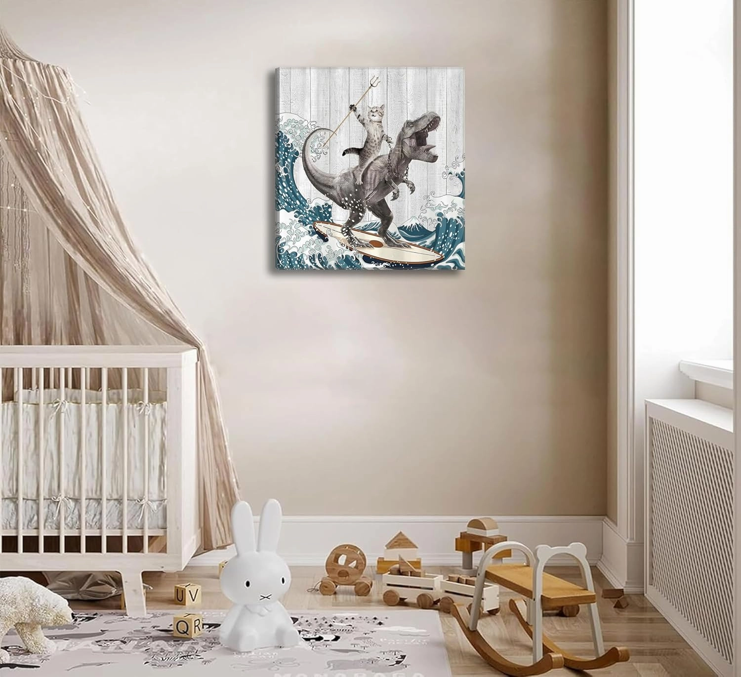WWN Funny Cat Riding Dinosaur Bathroom Wall art Funny T-Rex Surfing Painting Picture Wall Decor Japanese Ocean Waves Poster Print Artwork for Kids Bathroom Toilet Restroom (Framed, 20W'' x20L'')
