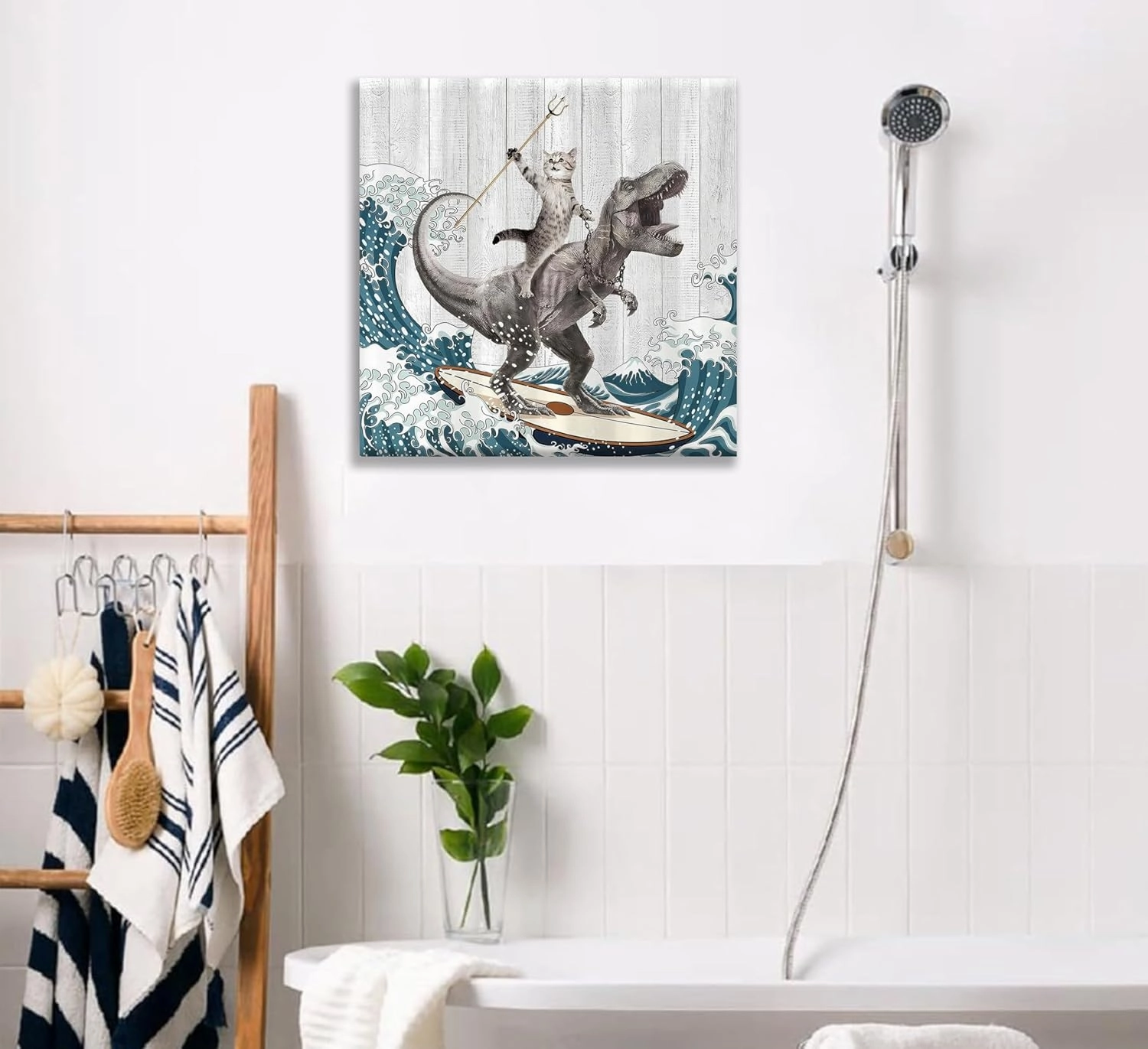 WWN Funny Cat Riding Dinosaur Bathroom Wall art Funny T-Rex Surfing Painting Picture Wall Decor Japanese Ocean Waves Poster Print Artwork for Kids Bathroom Toilet Restroom (Framed, 20W'' x20L'')