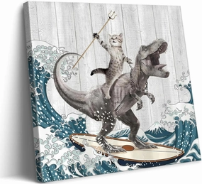 WWN Funny Cat Riding Dinosaur Bathroom Wall art Funny T-Rex Surfing Painting Picture Wall Decor Japanese Ocean Waves Poster Print Artwork for Kids Bathroom Toilet Restroom (Framed, 20W'' x20L'')