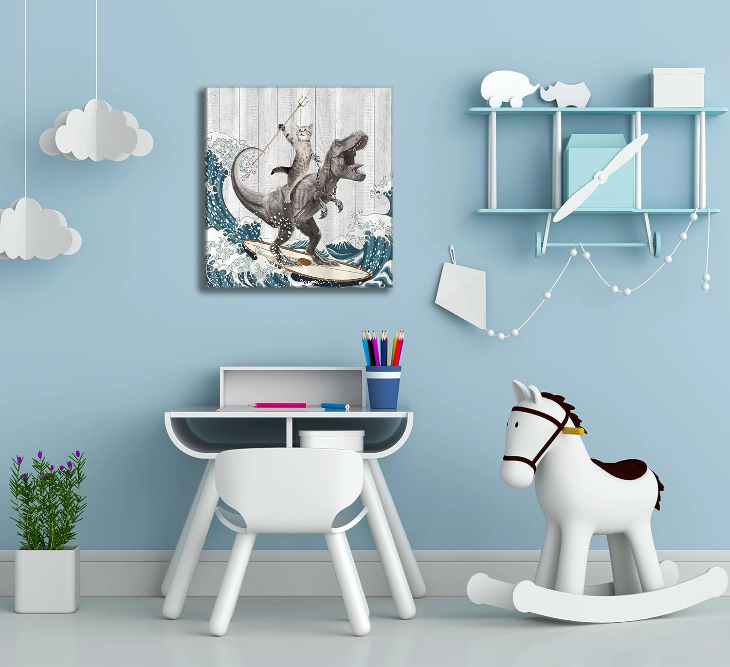 WWN Funny Cat Riding Dinosaur Bathroom Wall art Funny T-Rex Surfing Painting Picture Wall Decor Japanese Ocean Waves Poster Print Artwork for Kids Bathroom Toilet Restroom (Framed, 20W'' x20L'')