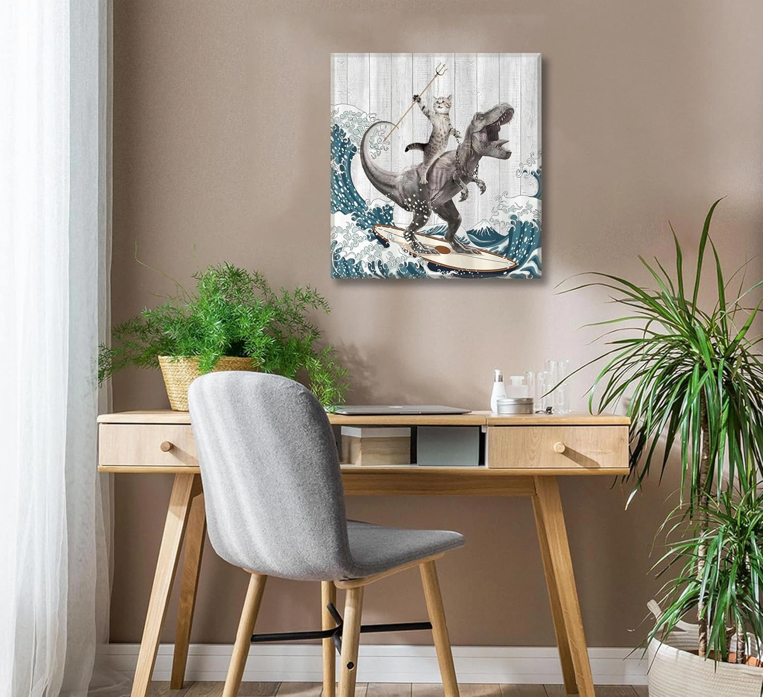 WWN Funny Cat Riding Dinosaur Bathroom Wall art Funny T-Rex Surfing Painting Picture Wall Decor Japanese Ocean Waves Poster Print Artwork for Kids Bathroom Toilet Restroom (Framed, 20W'' x20L'')