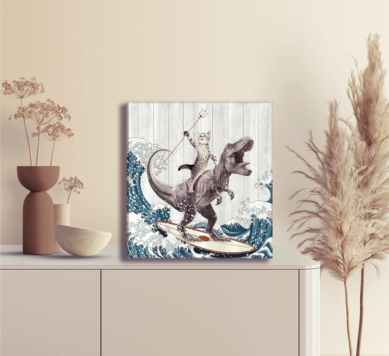 WWN Funny Cat Riding Dinosaur Bathroom Wall art Funny T-Rex Surfing Painting Picture Wall Decor Japanese Ocean Waves Poster Print Artwork for Kids Bathroom Toilet Restroom (Framed, 20W'' x20L'')