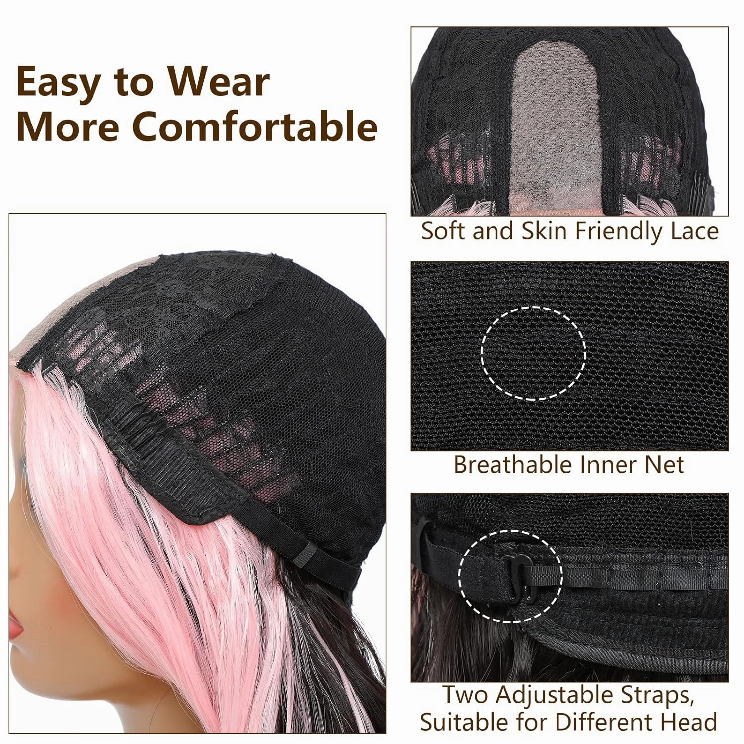 xccoco 28" Long Wavy Highlight Wigs Pink Skunk Stripe Wig Long Body Wave Synthetic Lace Wig Middle Part Black with Pink Highlights Wigs for Women