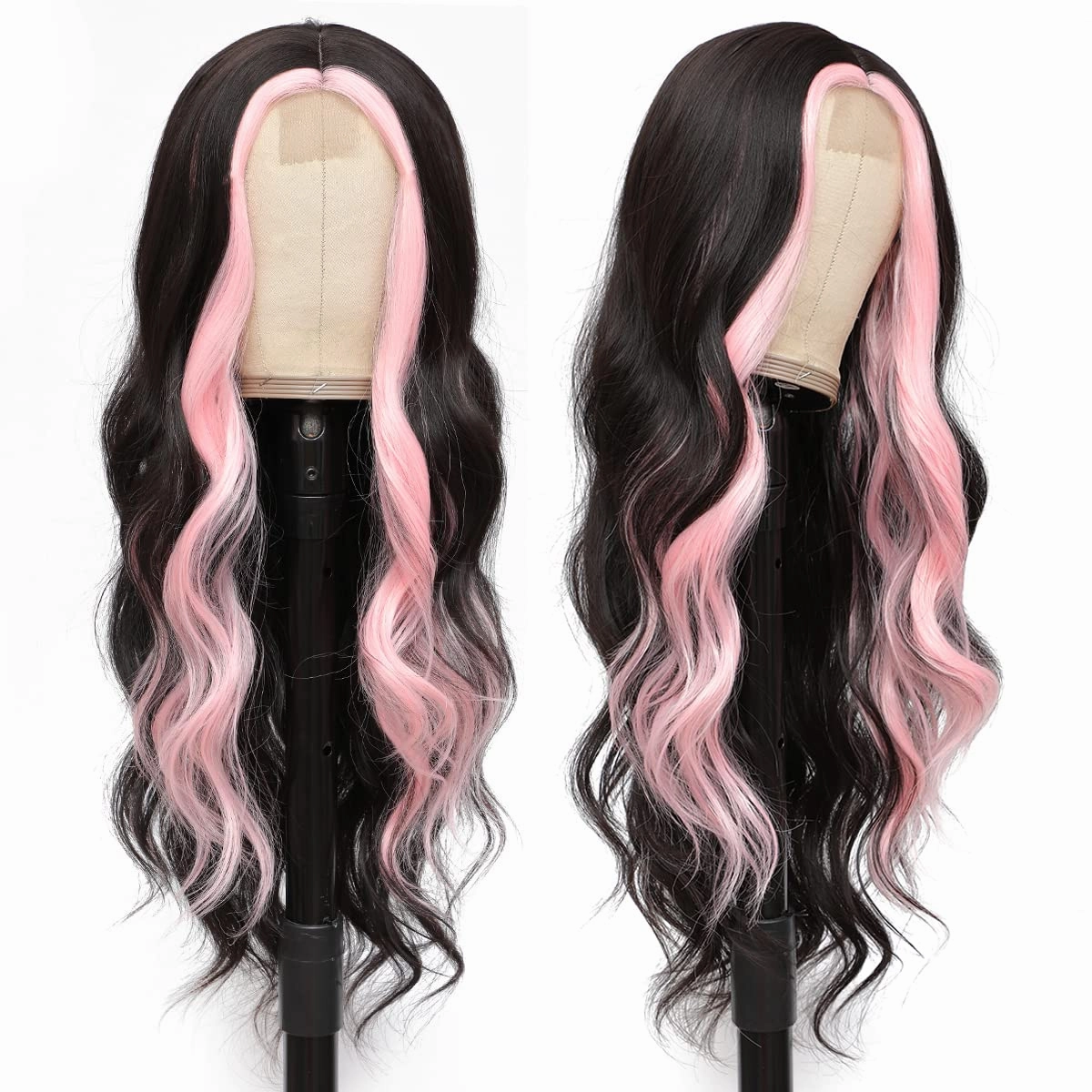 xccoco 28" Long Wavy Highlight Wigs Pink Skunk Stripe Wig Long Body Wave Synthetic Lace Wig Middle Part Black with Pink Highlights Wigs for Women