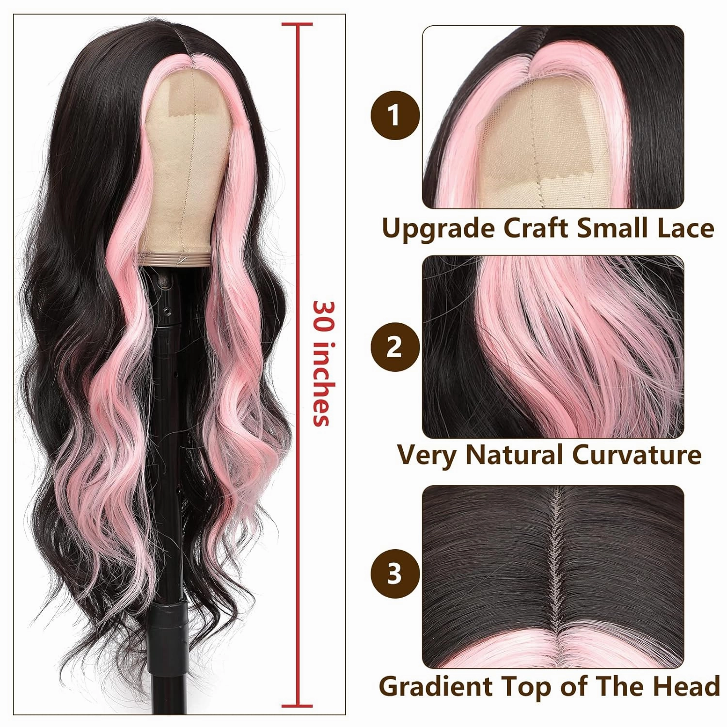 xccoco 28" Long Wavy Highlight Wigs Pink Skunk Stripe Wig Long Body Wave Synthetic Lace Wig Middle Part Black with Pink Highlights Wigs for Women