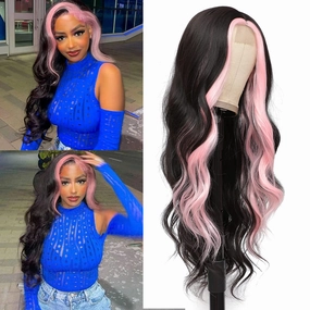 xccoco 28" Long Wavy Highlight Wigs Pink Skunk Stripe Wig Long Body Wave Synthetic Lace Wig Middle Part Black with Pink Highlights Wigs for Women