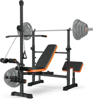 XDDIAS Bench Press Set, 880LBS Adjustable Weight Bench with Leg Extension and Preacher Curl Pad, 8 IN 1 Multi-Function Gym Bench with LAT Pulldown Pulley System, Full-Body Workout Home Gym Equipment