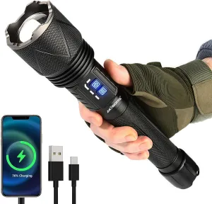XHP360 Super Bright LED Flashlight, 10000Lumens Type-C Rechargeable Self-Defense Tactical Flashlights, Zoomable 6 Modes Torch for Outdoor Camping, Emergencies