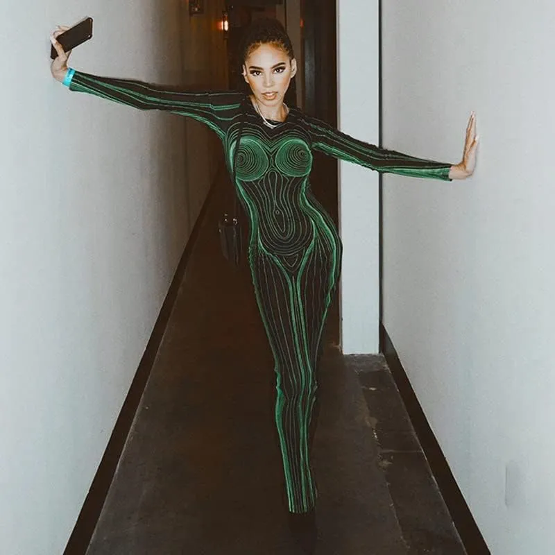 Y2K 3D Body Print Maxi Dress Women Aesthetic Long Sleeve Unique Sexy Body-Shaping Robe Party Clubwear Clothing