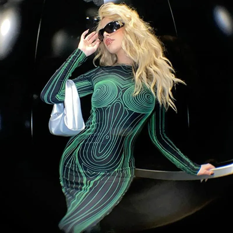 Y2K 3D Body Print Maxi Dress Women Aesthetic Long Sleeve Unique Sexy Body-Shaping Robe Party Clubwear Clothing