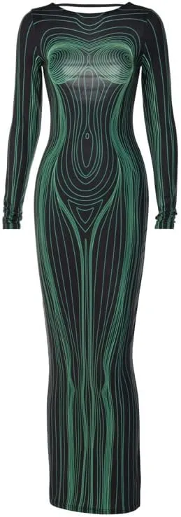 Y2K 3D Body Print Maxi Dress Women Aesthetic Long Sleeve Unique Sexy Body-Shaping Robe Party Clubwear Clothing