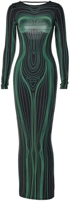 Y2K 3D Body Print Maxi Dress Women Aesthetic Long Sleeve Unique Sexy Body-Shaping Robe Party Clubwear Clothing
