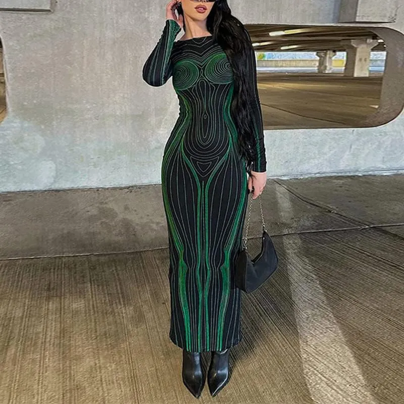 Y2K 3D Body Print Maxi Dress Women Aesthetic Long Sleeve Unique Sexy Body-Shaping Robe Party Clubwear Clothing