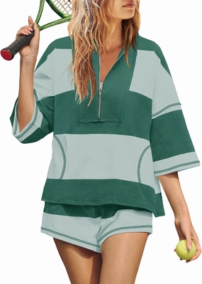 Yanekop Womens 2 Piece Outfits Summer Striped Workout Set Oversized Matching Lounge Sets Quarter Zip Shirt and Shorts
