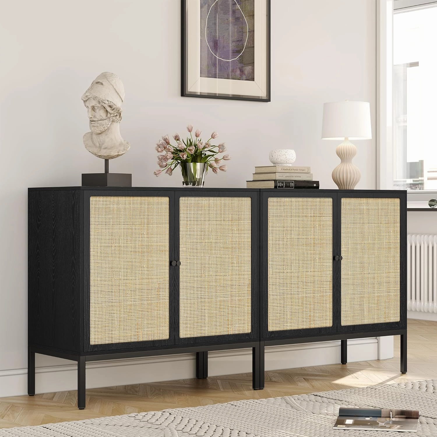 Yechen Set of 2 Sideboard Cabinet with Natural Rattan Decorated Doors, 63" Rattan Cabinet, Accent Credenza Buffet Console Table, for Living Room Dining Room Entryway Kitchen, Metal Legs