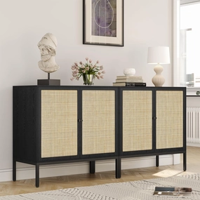 Yechen Set of 2 Sideboard Cabinet with Natural Rattan Decorated Doors, 63" Rattan Cabinet, Accent Credenza Buffet Console Table, for Living Room Dining Room Entryway Kitchen, Metal Legs