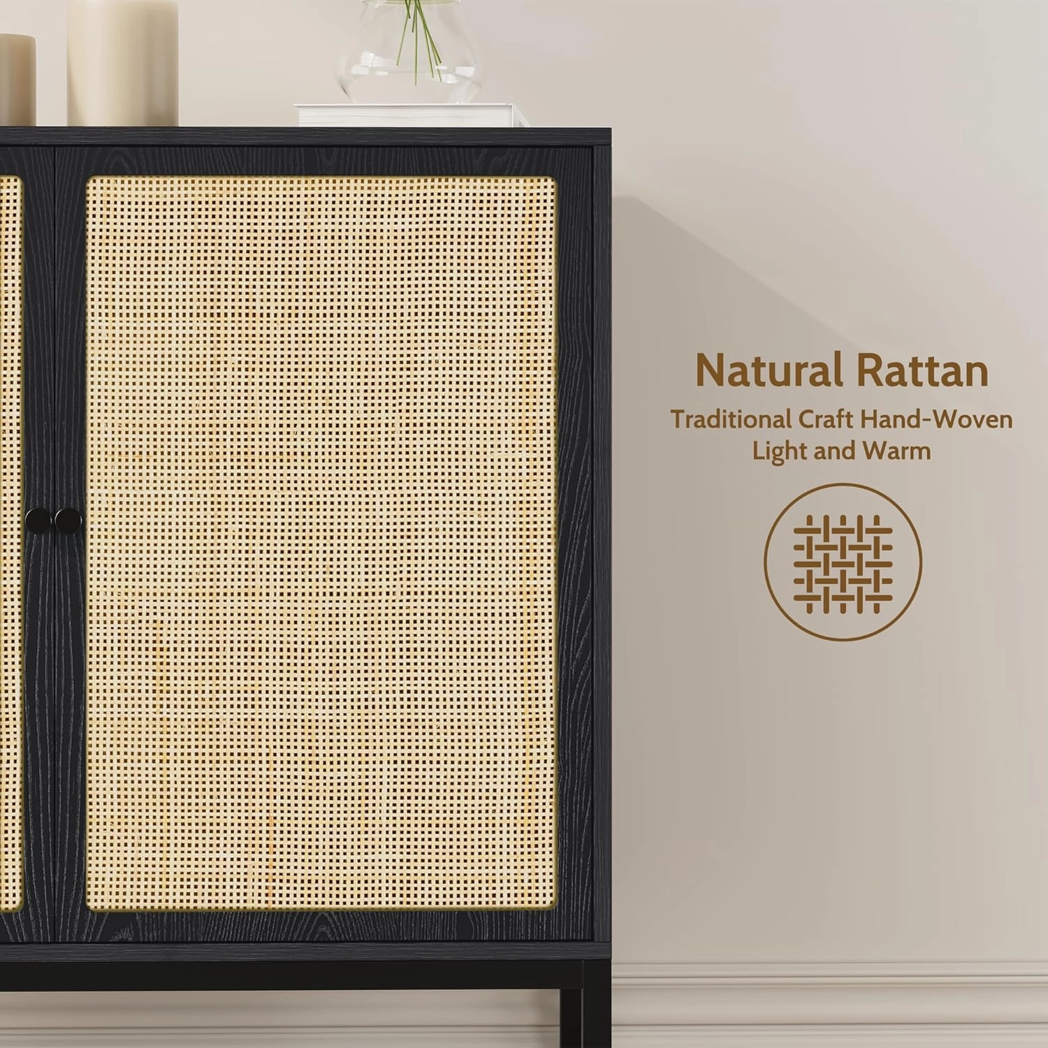 Yechen Set of 2 Sideboard Cabinet with Natural Rattan Decorated Doors, 63" Rattan Cabinet, Accent Credenza Buffet Console Table, for Living Room Dining Room Entryway Kitchen, Metal Legs