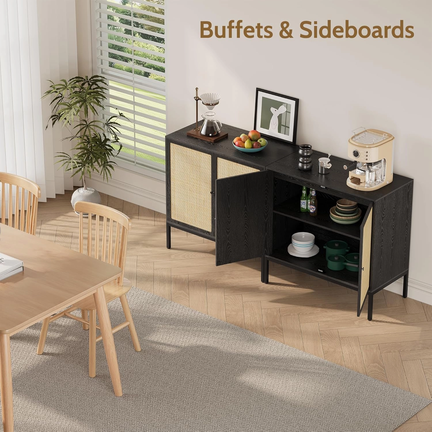 Yechen Set of 2 Sideboard Cabinet with Natural Rattan Decorated Doors, 63" Rattan Cabinet, Accent Credenza Buffet Console Table, for Living Room Dining Room Entryway Kitchen, Metal Legs