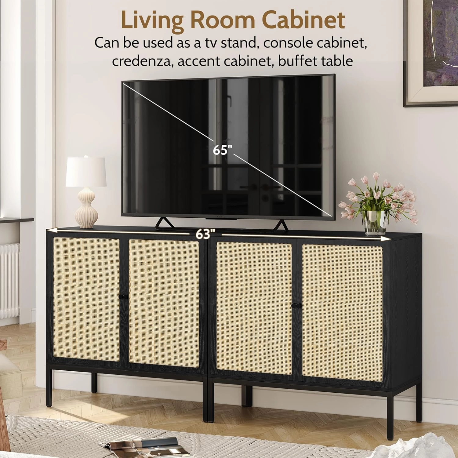 Yechen Set of 2 Sideboard Cabinet with Natural Rattan Decorated Doors, 63" Rattan Cabinet, Accent Credenza Buffet Console Table, for Living Room Dining Room Entryway Kitchen, Metal Legs