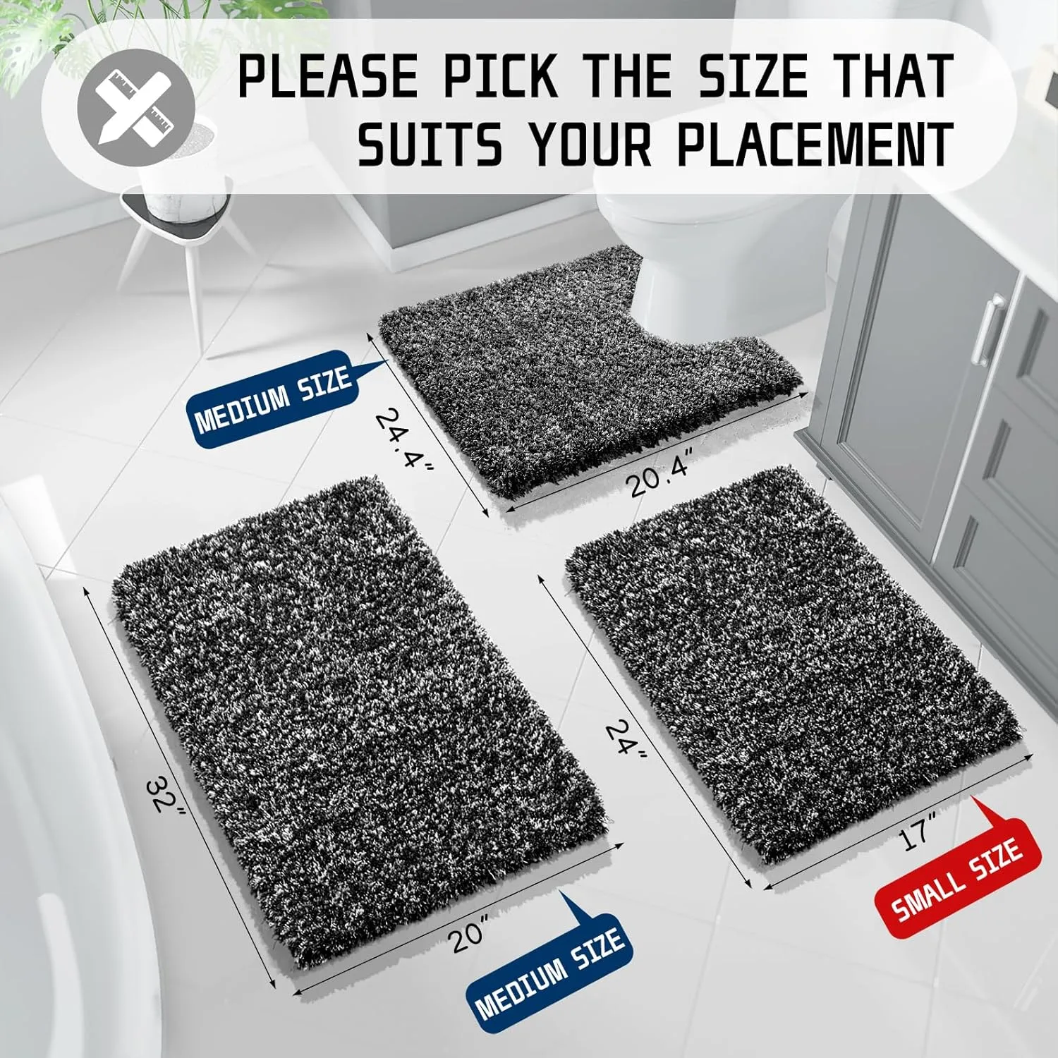 Yimobra Bath Rugs for Bathroom 32x20, Ultra Soft and Water Absorbent Bath Mats, Non Slip Plush Shower Rugs, Microfiber Thick Matts for Bathroom Floor/Tub, Machine Washable, 32"x 20", Black and White